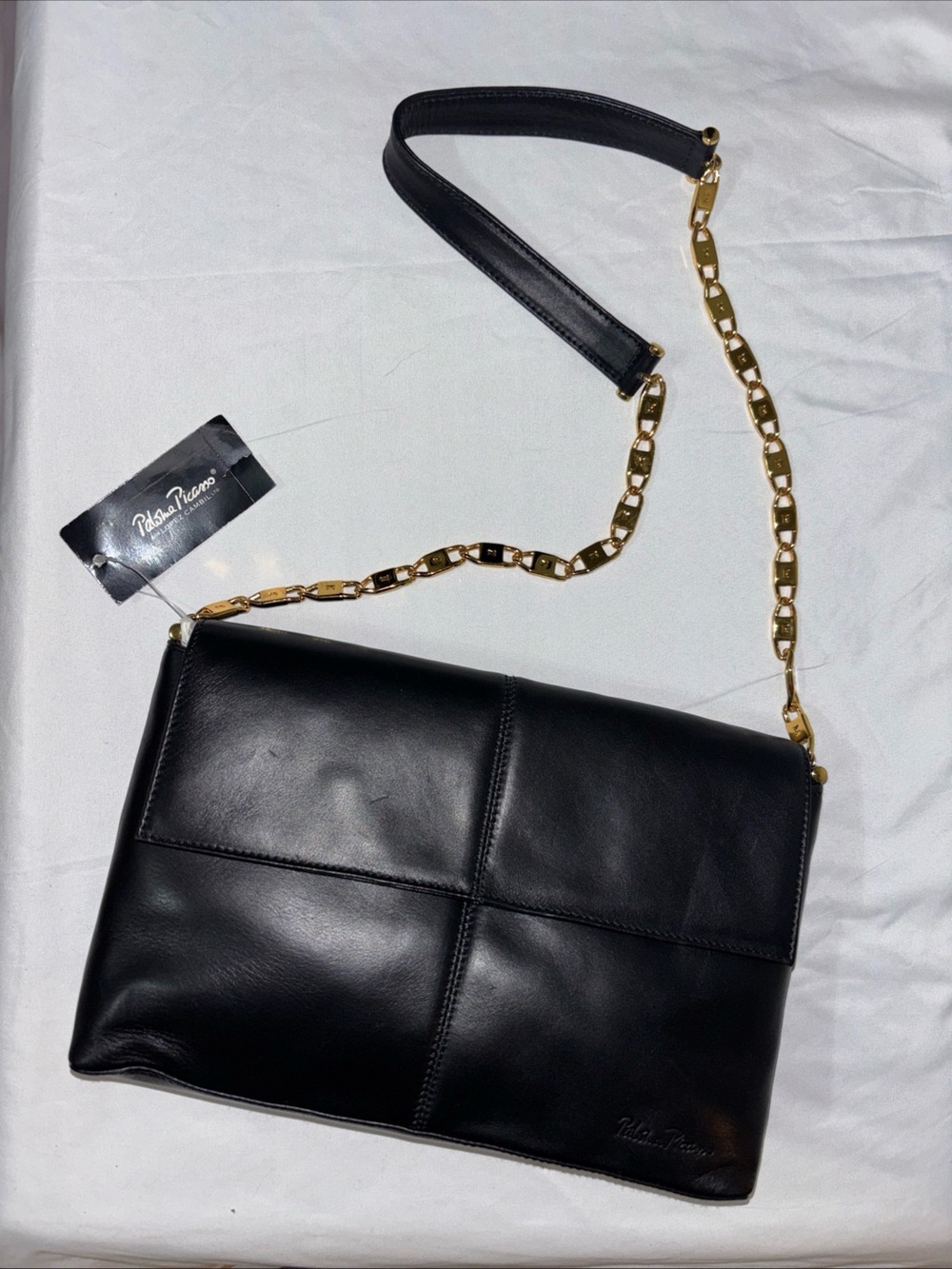 Paloma Picasso Black Leather Shoulder Bag with Gold Chain Strap Vintage